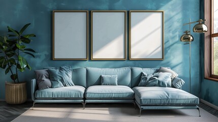 Elegant blue sofa set in a stylish living room with teal walls and framed artwork, luxurious interior design concept with copy space