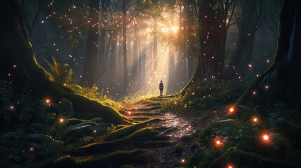 Person walking in a dark enchanted forest, among ancient trees with strong mossy roots. Path leading towards the light. Magical wonderland, landscape with glowing lights and sparkles.