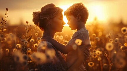 A loving mother and son share a tender moment at sunset. Their bond is evident in their expressions.