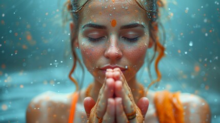 Serene woman in meditation with glittering water droplets: young woman yogini with closed eyes practicing mindfulness, adorned with water droplets and vibrant colors for international day of yoga