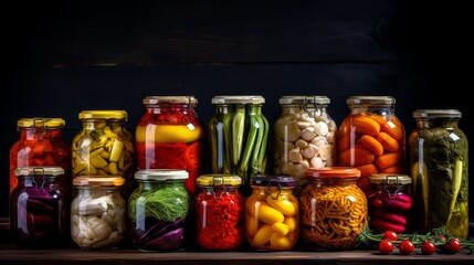 An enticing collection of colorful pickled vegetables in glass jars, each filled with a different assortment - obrazy, fototapety, plakaty