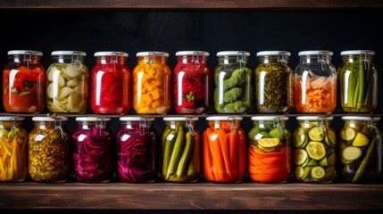 A variety of vividly colored preserved vegetables and fruits are neatly organized on a shelf against a dark backdrop - obrazy, fototapety, plakaty
