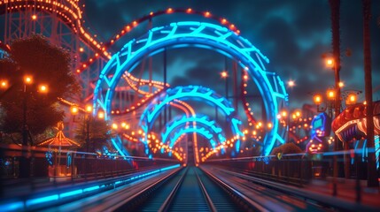 Fototapeta na wymiar Night View of Roller Coaster at Theme Park