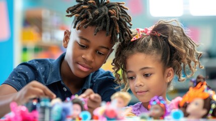 A boy teaching a girl how to style a doll's hair, both sitting at a table filled with hair accessories and dolls - obrazy, fototapety, plakaty