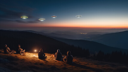 People observing glowing disc-shaped UFOs flying in the sky above the valley in the twilight. Flying saucers floating over mountains. Close encounter, contact with extraterrestrial crafts.