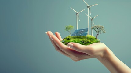 Fototapeta na wymiar Hand Holding Green Island With Wind Turbines