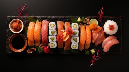 A wide selection of sushi and sashimi elegantly presented on a black board, complete with condiments and garnishes, portraying the richness of Japanese cuisine - Powered by Adobe