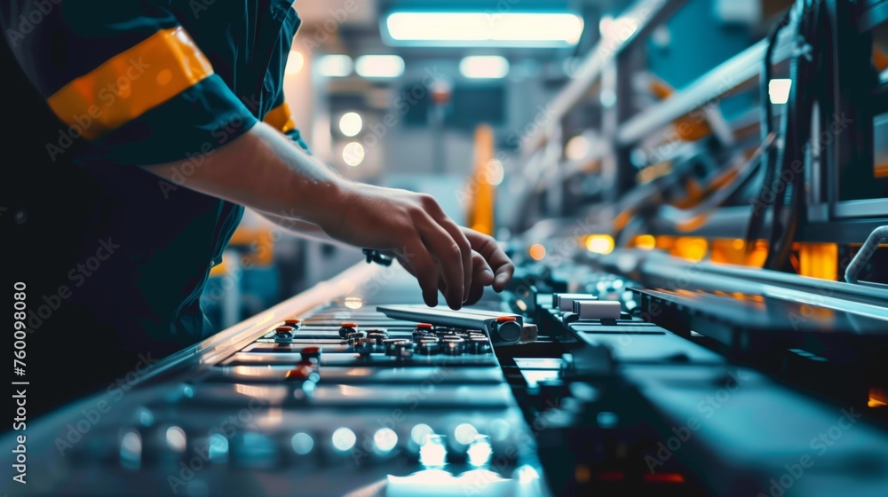 Poster factory worker operating machine