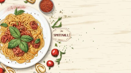 A neatly presented plate of spaghetti with branding mockup SPRTINALL and ingredients