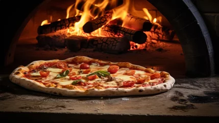 Foto op Plexiglas Freshly baked Margherita pizza with a smokey flavor straight from the wood-fired oven in a cozy backdrop © Gia