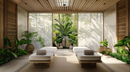 Modern spa room interior with two massage tables. luxury wellness center. Design for relaxation, health and wellness theme. - obrazy, fototapety, plakaty