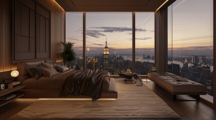 Luxury bedroom with cityscape view at sunset. Modern interior design and urban living concept