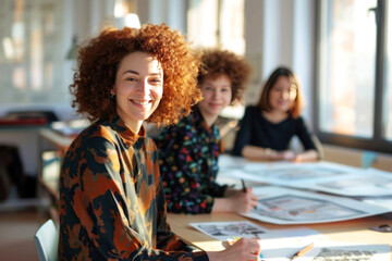Creative team brainstorming in a sunny studio with a focus on a smiling woman with curly hair
