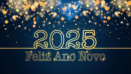 cartão ou banner para desejar um feliz ano novo 2025 em ouro sobre fundo azul com círculos e glitter dourado em efeito bokeh - obrazy, fototapety, plakaty