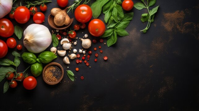 This image features an arrangement of Italian cooking elements like tomatoes, garlic, and basil on a dark surface, highlighting the colors and textures