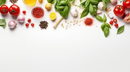 An array of pasta, spices, and fresh produce arranged neatly showcasing an inviting assortment for cooking