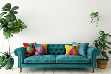 A teal sofa with colorful pillows against a white wall, plants around. Mockup interior.