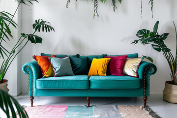 A teal sofa with colorful pillows against a white wall, plants around. Mockup interior.