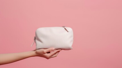 hand holding a makeup bag on a pink background