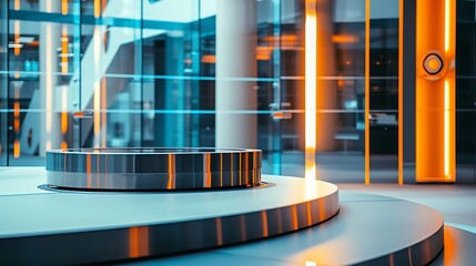 Metal Podium Standing Amidst Futuristic Environment