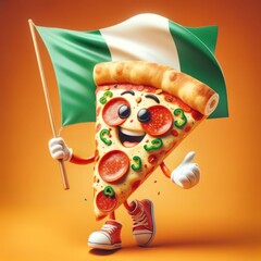 A joyful slice of pizza holds the Italian flag on a monochromatic orange background.
