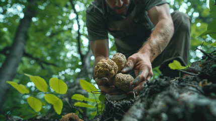 A man holding large white truffles in a lush forest.