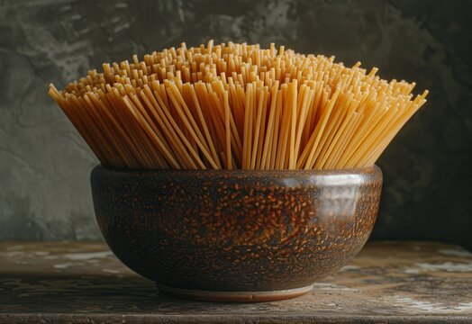 Delicious spaghetti dish in a rustic brown bowl on a wooden table against a wall