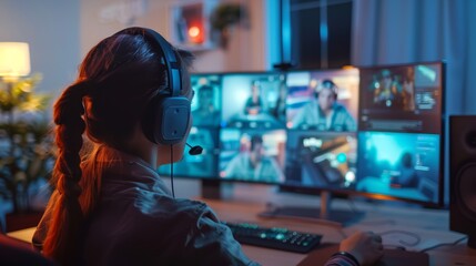Female streamer interacting with viewers on a live video game broadcast with multiple camera angles, online streaming and digital entertainment concept - obrazy, fototapety, plakaty
