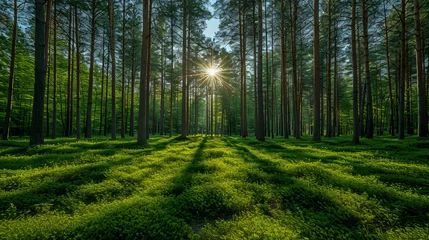 Fotobehang Beautiful sunny morning in green forest © brody