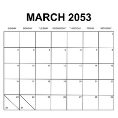 march 2053. monthly calendar design. week starts on sunday. printable, simple, and clean vector design isolated on white background.