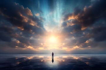 Conceptual image of businesswoman standing on clouds over water surface
