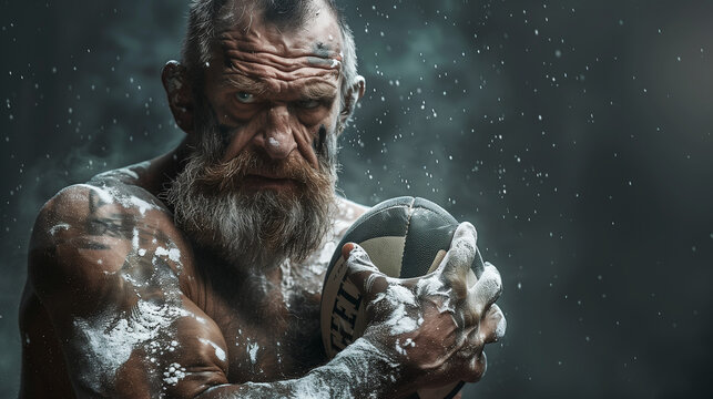 A cinematic picture of an elderly rugby player holding a rugby ball