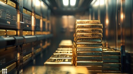 Gold bullion reserves stored in a high-security vault. Perspective view with shallow depth of field. Financial stability and banking concept - obrazy, fototapety, plakaty