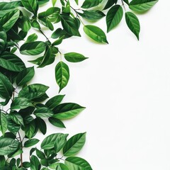 Lush green leaves border on a white background. Flat lay with copy space. Botanical and freshness concept