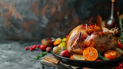 Delicious and tasty turkey chicken baked for thanksgiving day menu. AI generated image