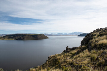 Fototapeta premium A view of Umayo lagoon from Sillustani Cemetery, Hatuncolla, Puno Region, Peru,