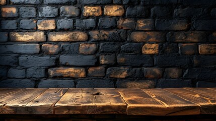 Empty brown wooden table and old black brick wall blur background image suitable for photomontage or product display.