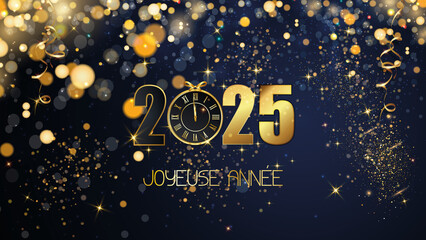 carte ou bandeau pour souhaiter une joyeuse année 2025 en or le 0 est remplacé par une horloge sur un fond bleu avec des ronds et des paillettes de couleur or en effet bokeh	
