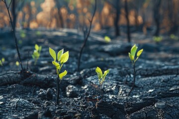 A charred landscape with new green shoots sprouting - obrazy, fototapety, plakaty