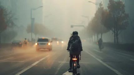 Fotobehang A cyclist navigating through a PM 2.5 smog-filled city the haze softening the urban landscape © Naret