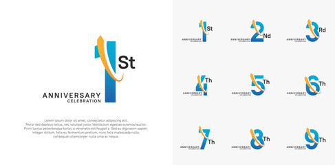 anniversary vector set. blue color with orange swoosh can be use for celebration