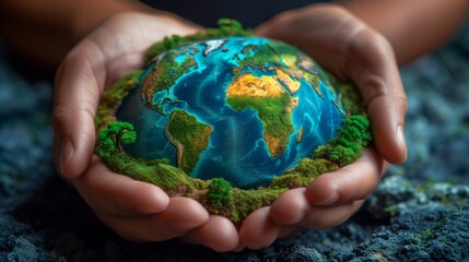 Hands Holding a Small Globe, Symbolizing Earth Day Care - obrazy, fototapety, plakaty