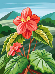 Vector landscape background with begonias in bloom.