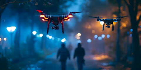 Surveillance drones equipped with advanced technology patrol an outdoor area at night. Concept Security, Surveillance Technology, Drones, Nighttime Operations, Surveillance Cameras