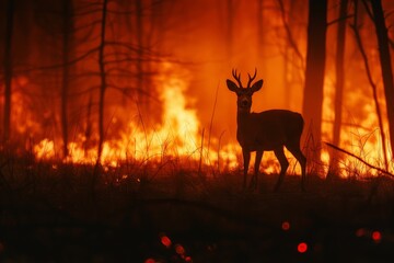 A lone deer escaping a forest fire its silhouette against the inferno