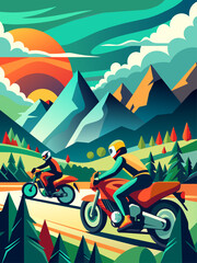 Bikers are riding on a road with mountains and trees in the background.