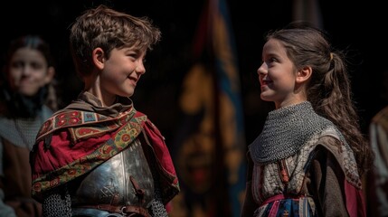 A boy and a girl swapping traditional gender roles in a school play, with the girl playing the knight and the boy playing the damsel in distress