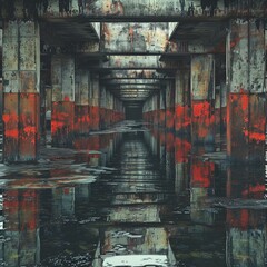 Dirty rough abandoned old slammed, Neo brutalism, dangerous huge underground place, unsecured, 3D Effects, chrome effect