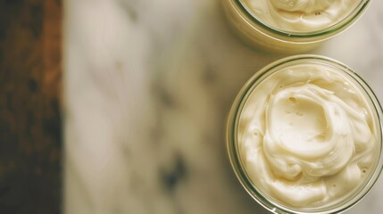 Close up fresh greek yogurt glasses jars. AI generated image