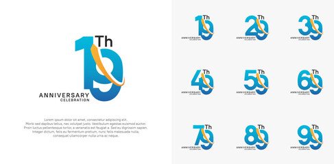 anniversary vector set. blue color with orange swoosh can be use for celebration